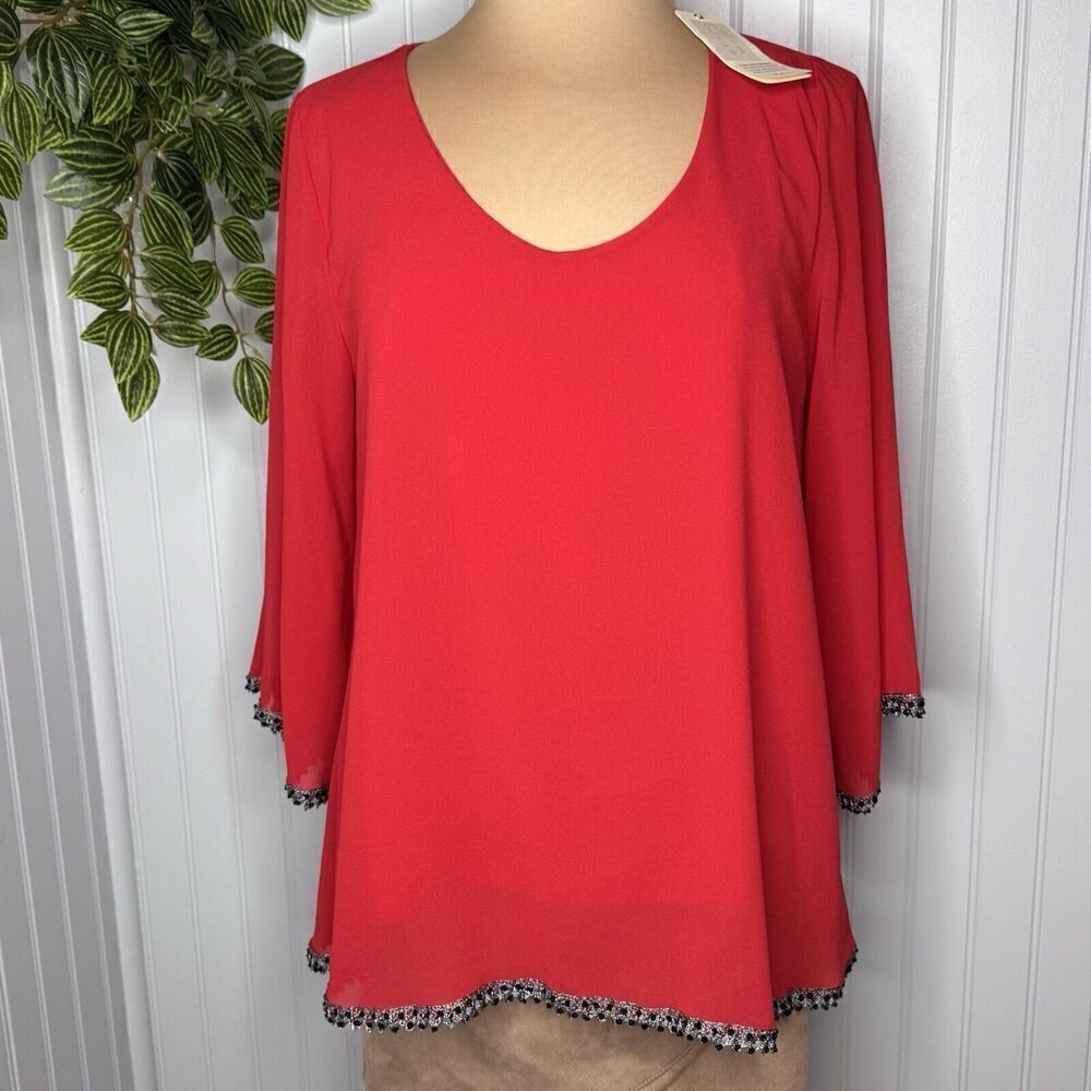 CHIARA Moda Italy Women’s OS Red Blouse Lace Bead 3/4 Bell Sleeves OOAK 0126